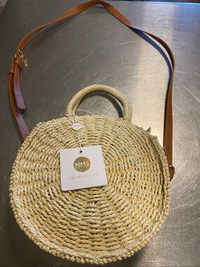 MMS Design Studio Straw Round Crossbody Bag with Tan Strap